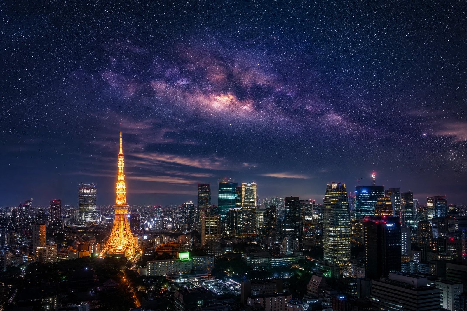 東京タワーと六本木の街並み、星空の夜景
